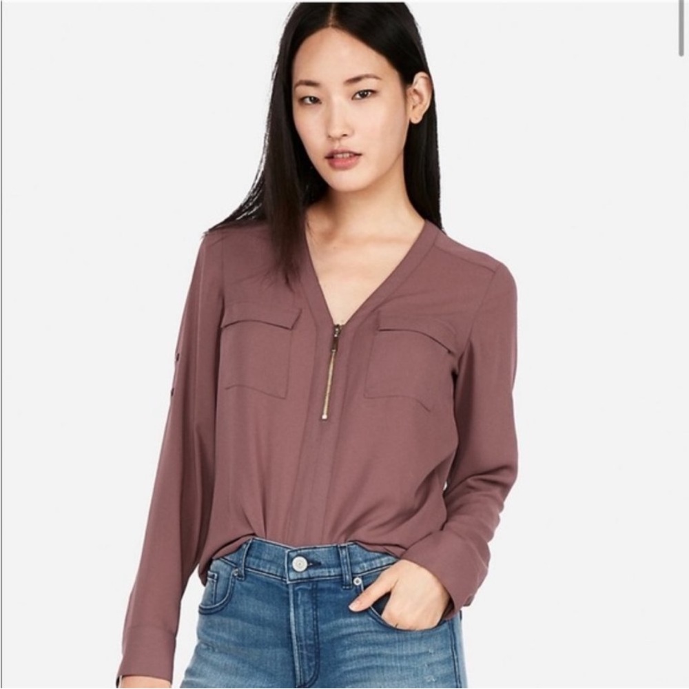 Express Women’s Brown 1/2 zip 2 pocket blouse SZ S